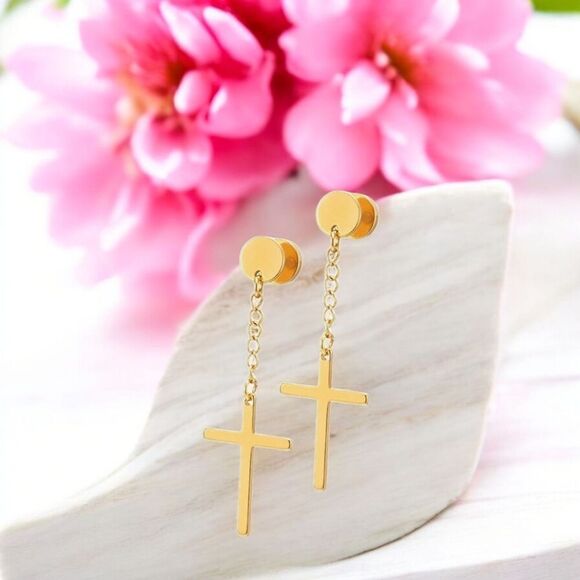 Dumbbell Cross Dangle Earrings Stainless Steel Pierced Unisex Gold Black Silver - Picture 7 of 9